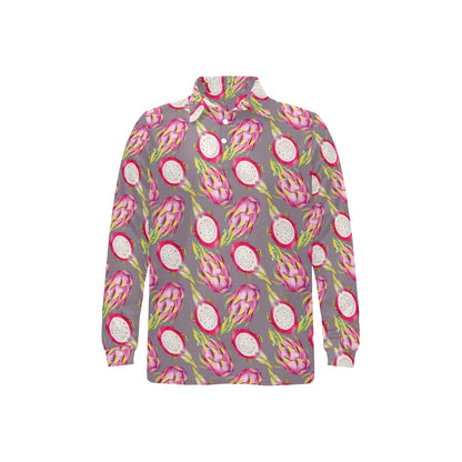 Dragonfruit Pattern Print Design DF03 Long Sleeve Polo Shirt For Men's