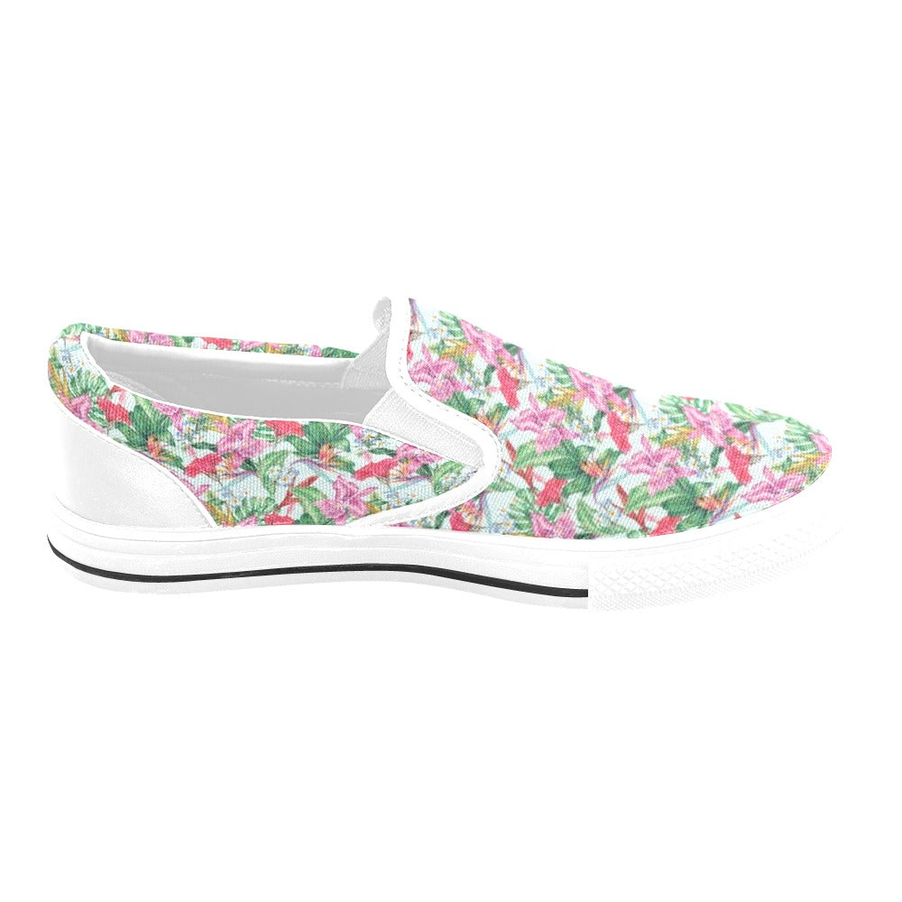 Tropical Flower Print Design LKS304 White Slip Ons Canvas Women's Shoes