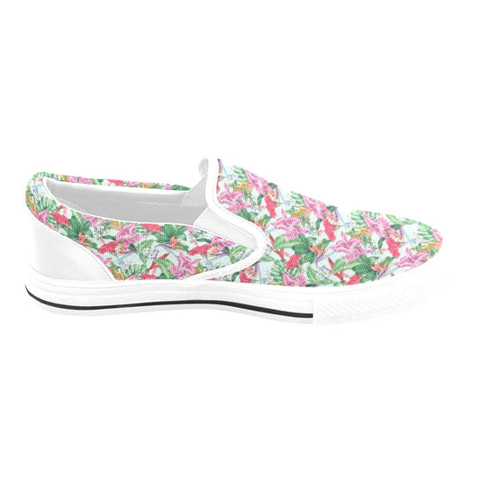 Tropical Flower Print Design LKS304 White Slip Ons Canvas Women's Shoes