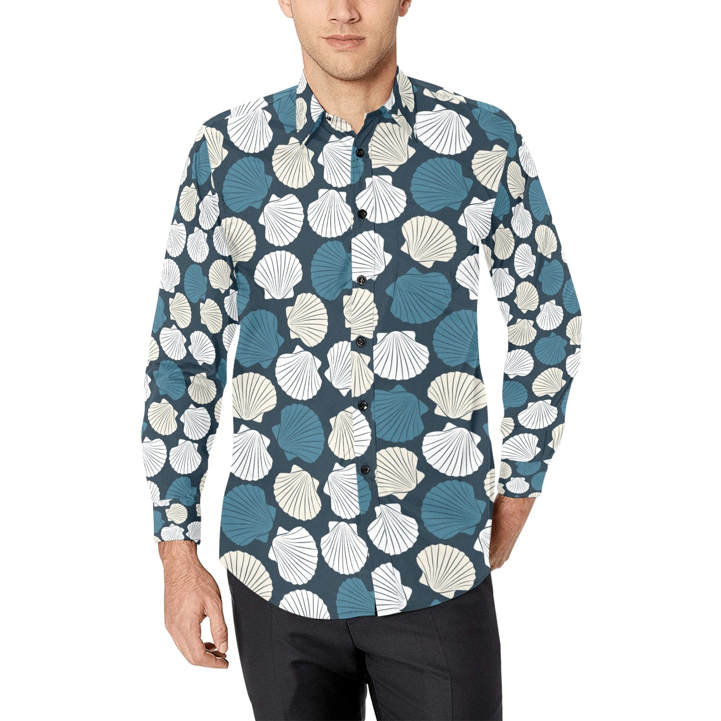 Seashell Print Design LKS3013 Men's Long Sleeve Dress Shirt