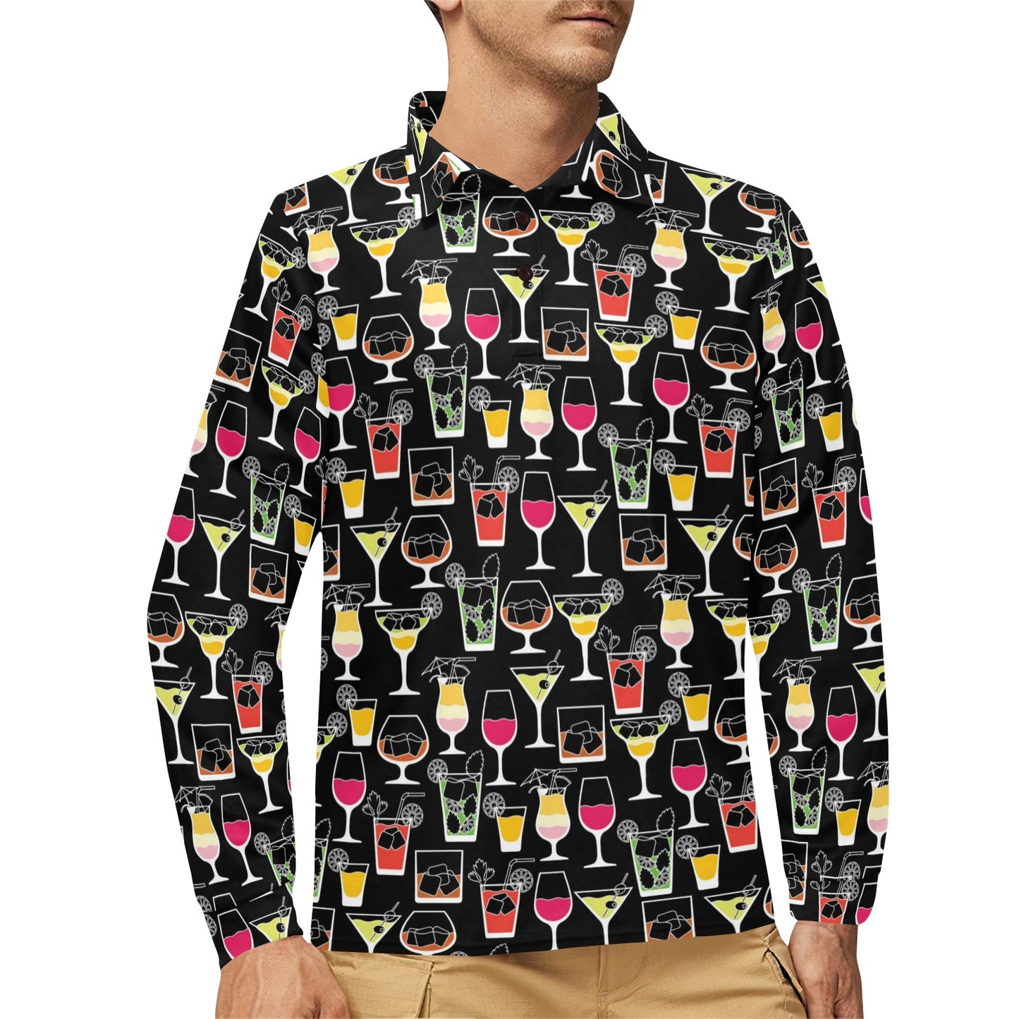 Cocktail Pattern Print Design 01 Long Sleeve Polo Shirt For Men's