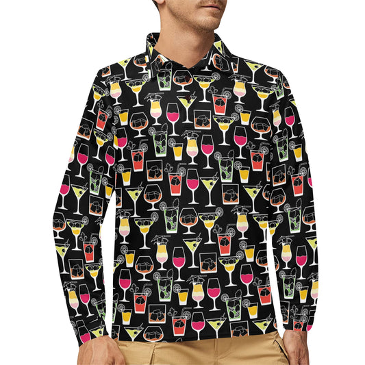 Cocktail Pattern Print Design 01 Long Sleeve Polo Shirt For Men's