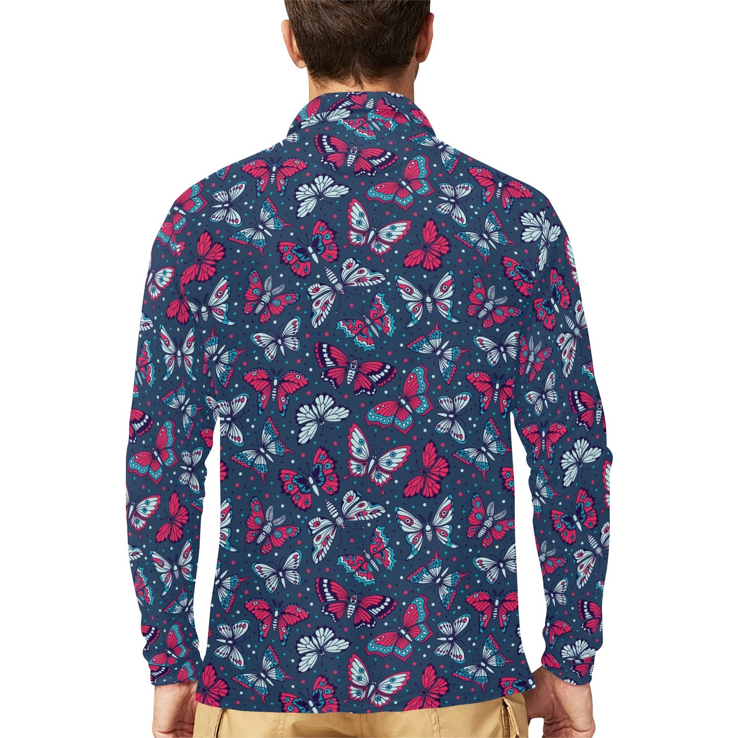 Butterfly Red Deep Blue Print Pattern Long Sleeve Polo Shirt For Men's