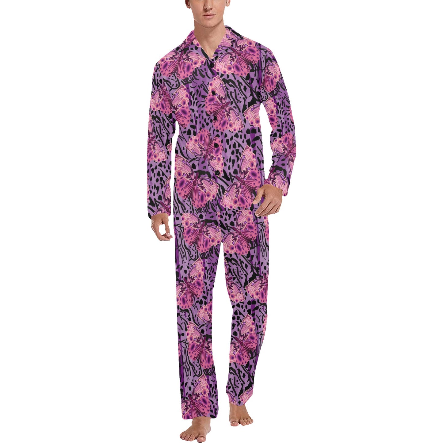 Purple Butterfly Leopard Men's Long Pajama Set