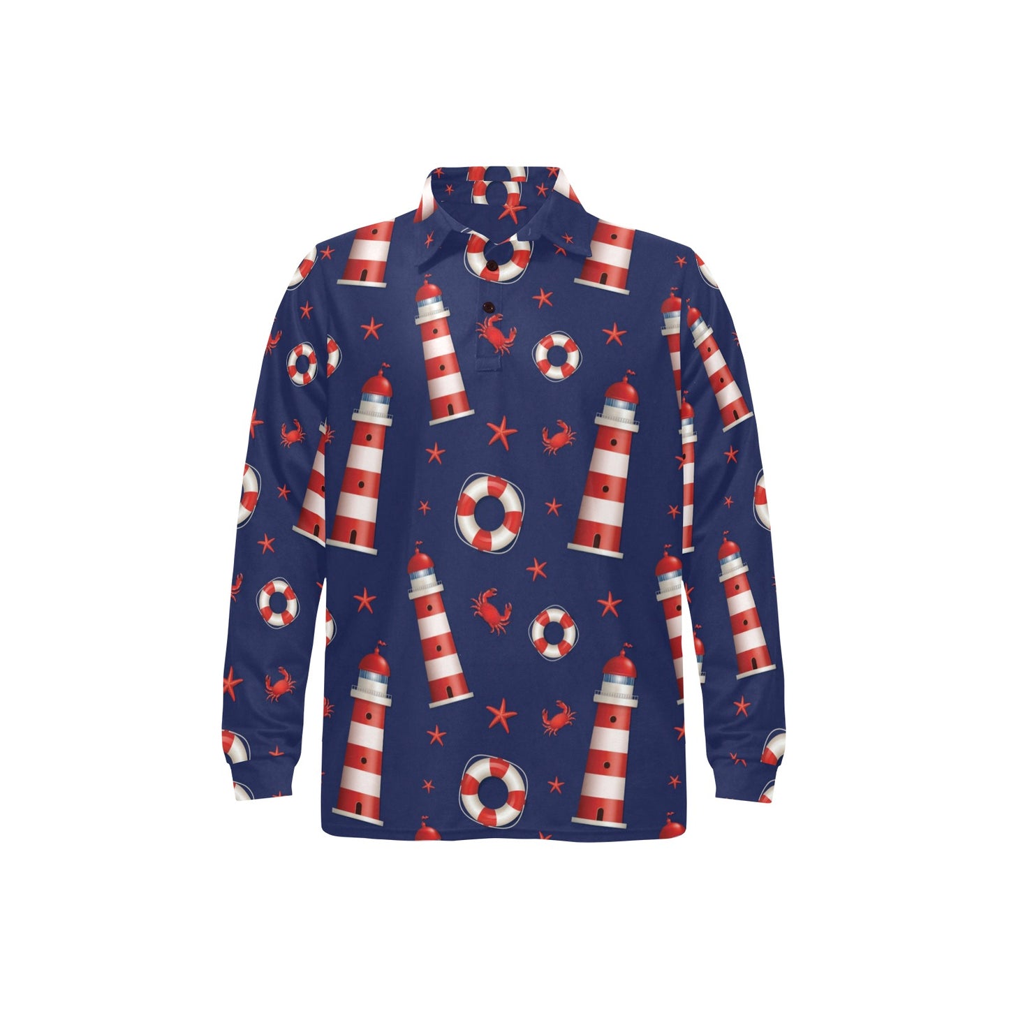 Nautical Pattern Print Design A03 Long Sleeve Polo Shirt For Men's