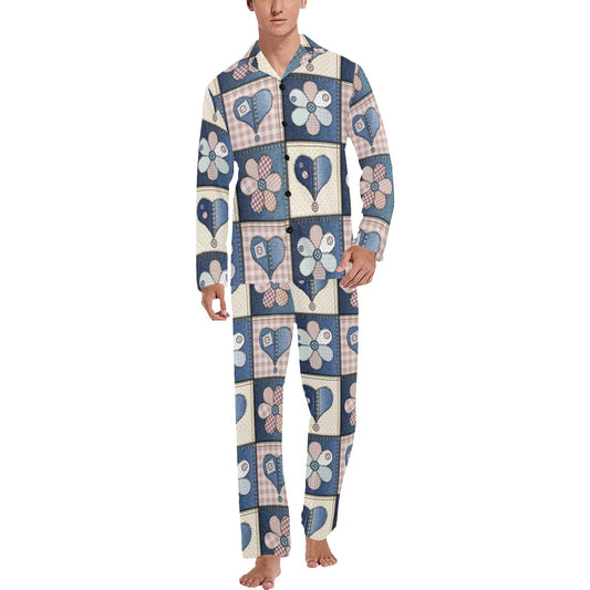Patchwork Heart Flower Pattern Print Design 01 Men's Long Pajama Set