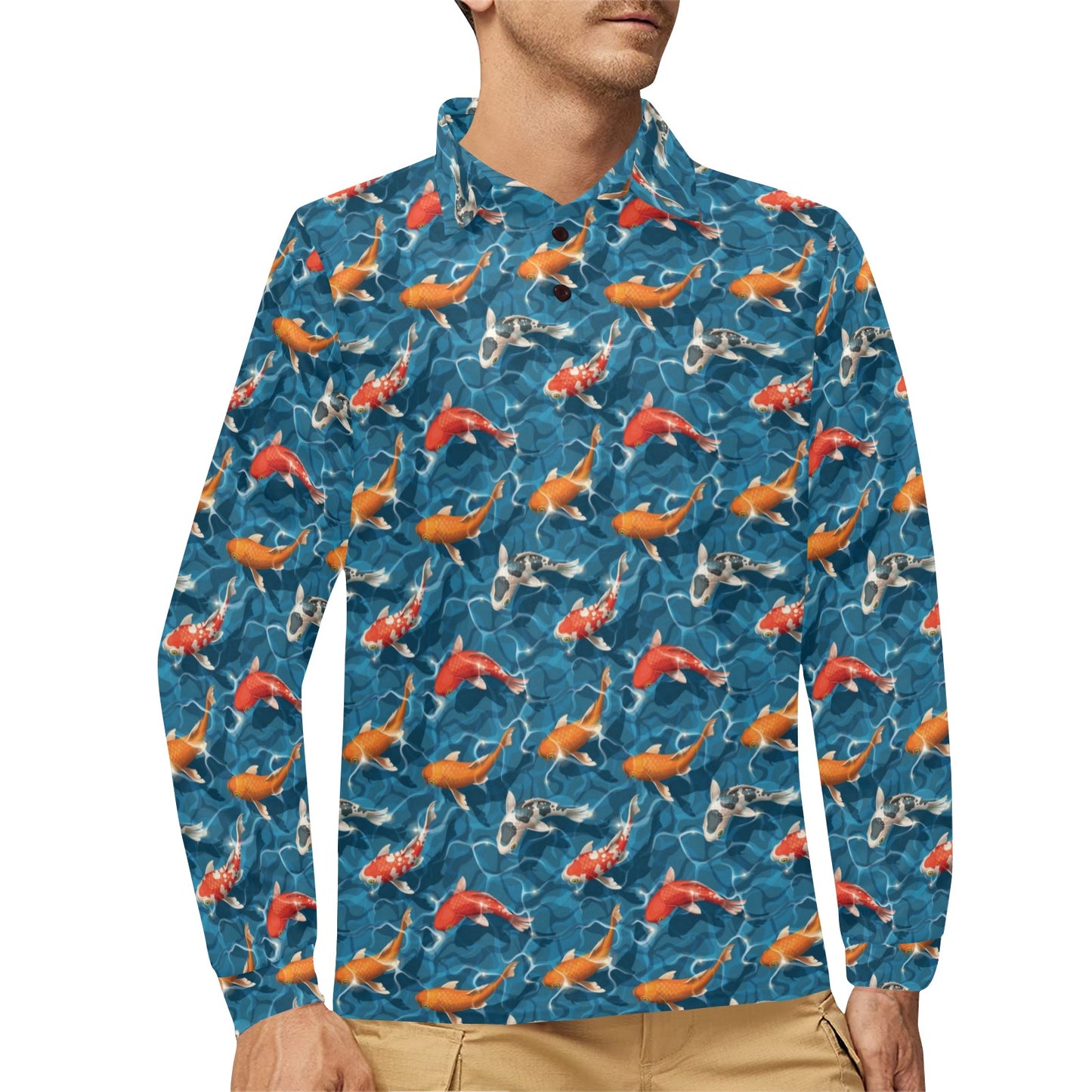 Koi Carp Water Design Themed Print Long Sleeve Polo Shirt For Men's