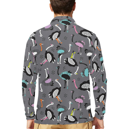 Ostrich Pattern Print Design 01 Long Sleeve Polo Shirt For Men's