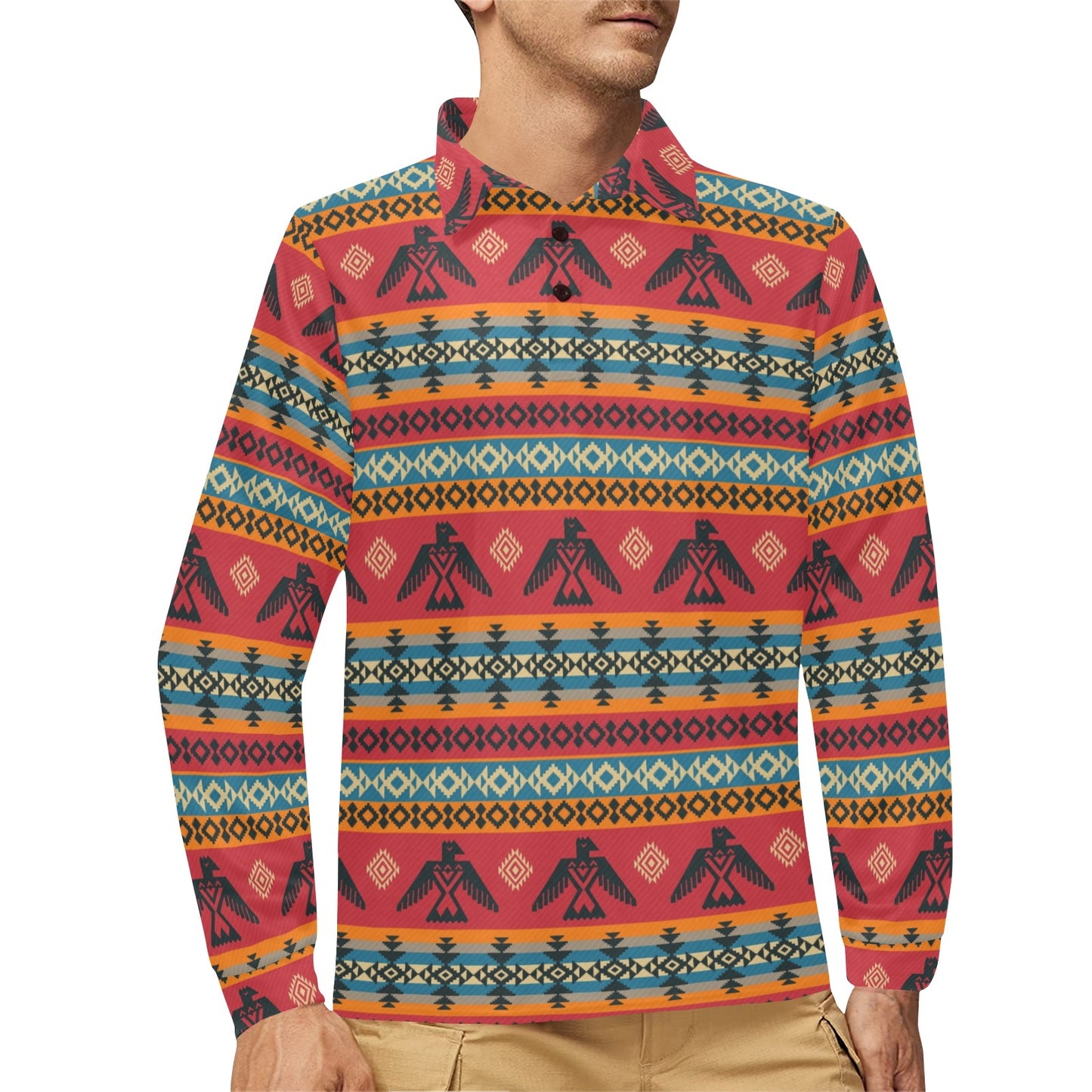 Eagles Native American Design Long Sleeve Polo Shirt For Men's