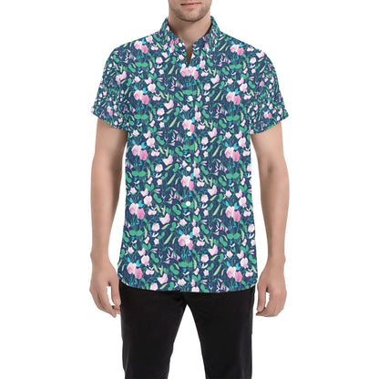 Sweet Pea Print Design LKS303 Men Short Sleeve Button Up Shirt