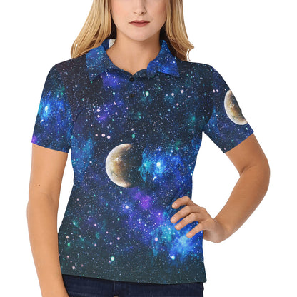 Galaxy Stardust Planet Space Print Women's Polo Shirt