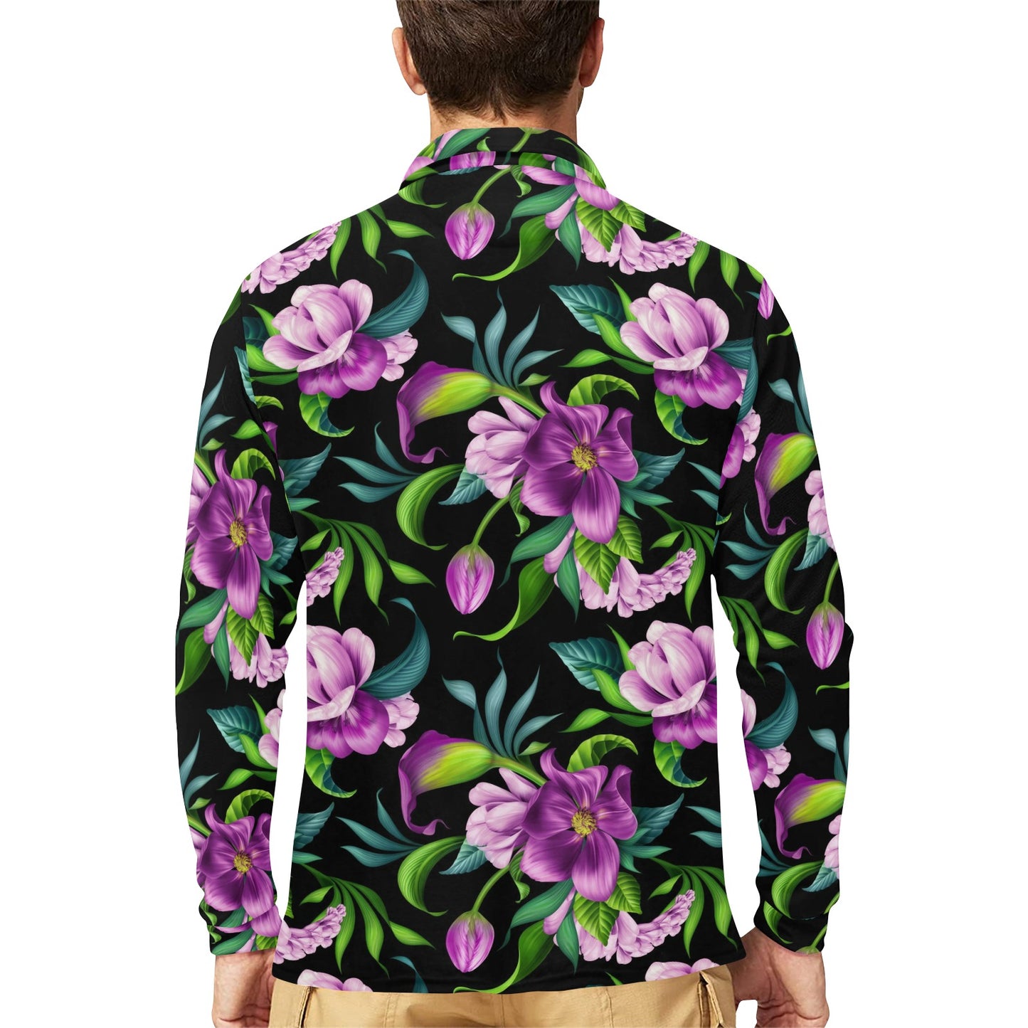 Bright Purple Floral Pattern Long Sleeve Polo Shirt For Men's