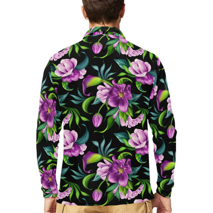 Bright Purple Floral Pattern Long Sleeve Polo Shirt For Men's