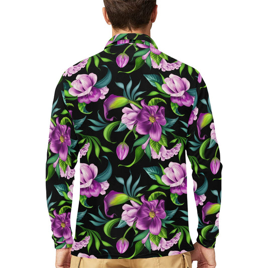 Bright Purple Floral Pattern Long Sleeve Polo Shirt For Men's