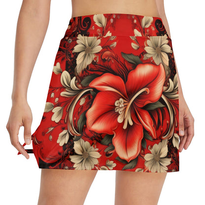 Red Bandana Hibiscus 17" Golf & Pickleball Skort with Pockets