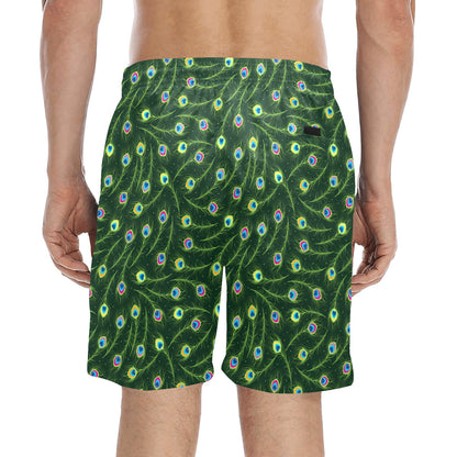 Peacock Feather Green Design Print Men's Swim Trunks Beach Shorts