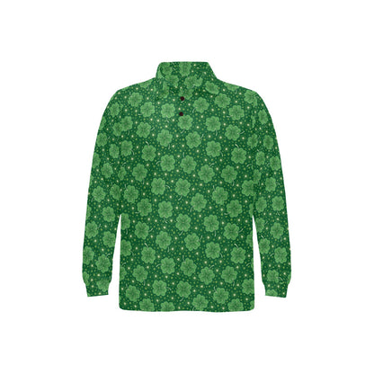 Shamrock Design Print Long Sleeve Polo Shirt For Men's