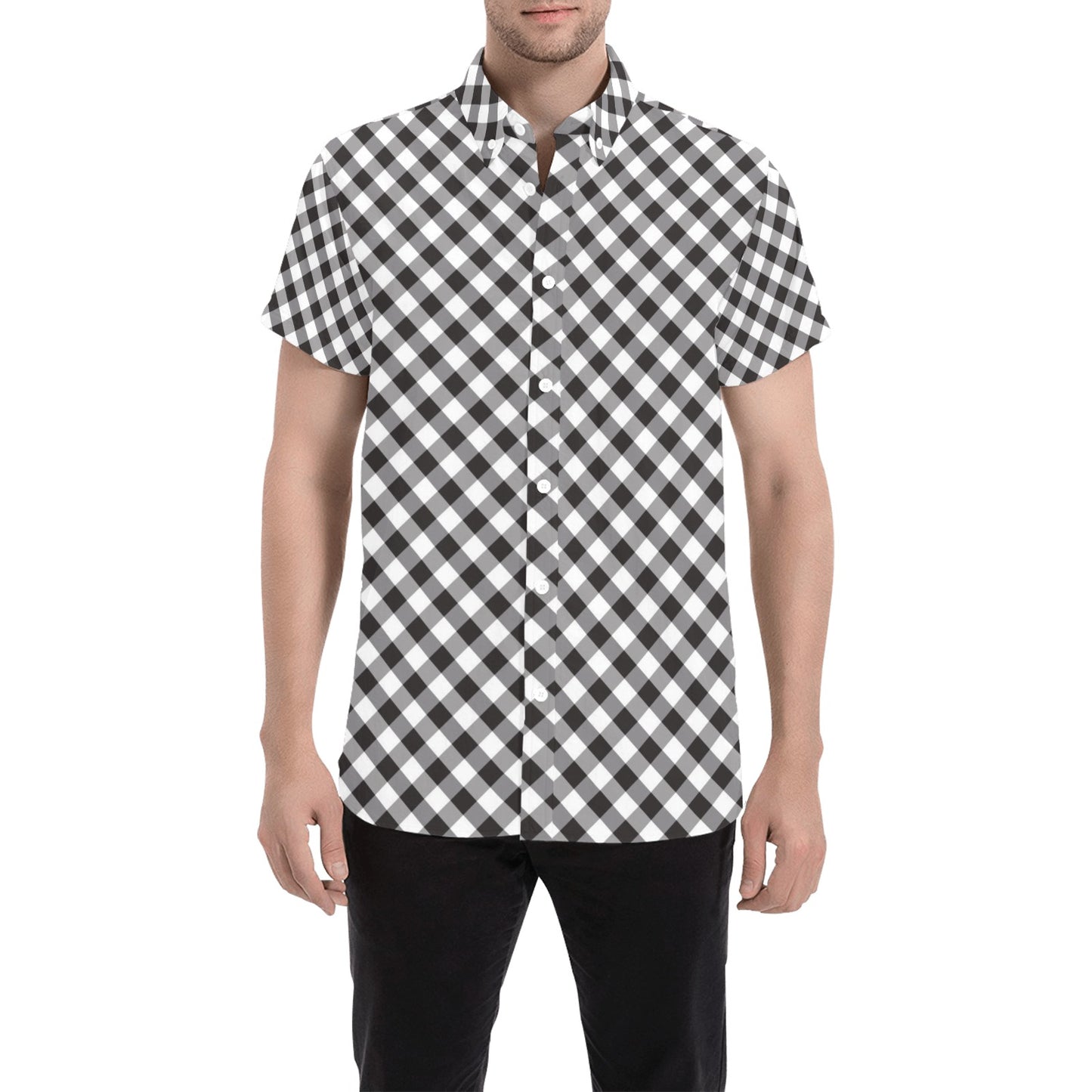 Gingham Print Design LKS402 Men Short Sleeve Button Up Shirt