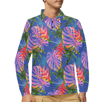 Tropical Flower Pattern Print Design TF025 Long Sleeve Polo Shirt For Men's