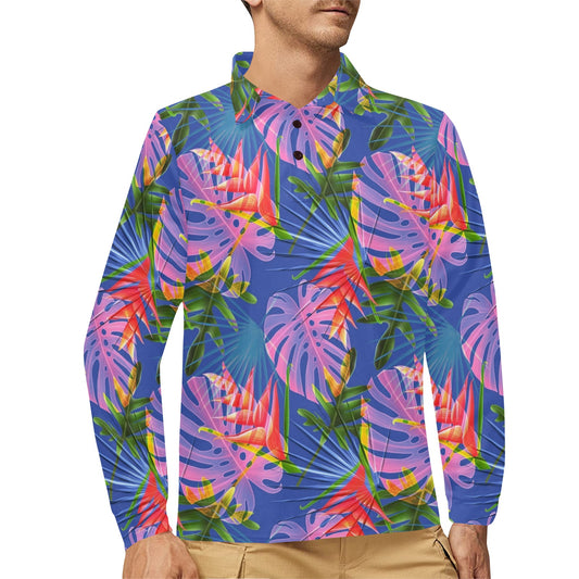 Tropical Flower Pattern Print Design TF025 Long Sleeve Polo Shirt For Men's