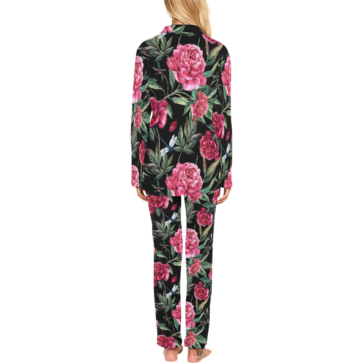 Peony Pattern Print Design PE04 Women's Long Pajama Set