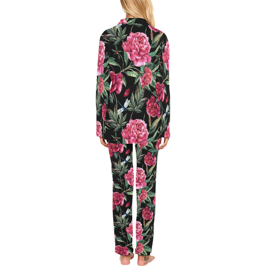 Peony Pattern Print Design PE04 Women's Long Pajama Set