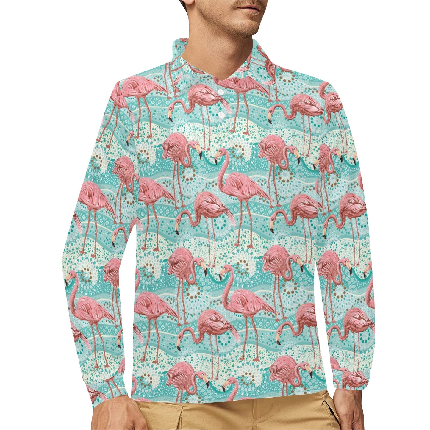 Flamingo Background Themed Print Long Sleeve Polo Shirt For Men's
