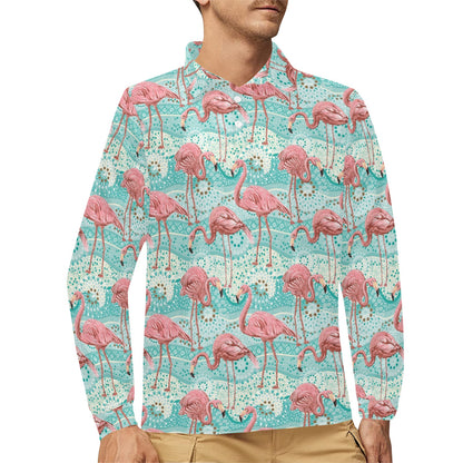Flamingo Background Themed Print Long Sleeve Polo Shirt For Men's