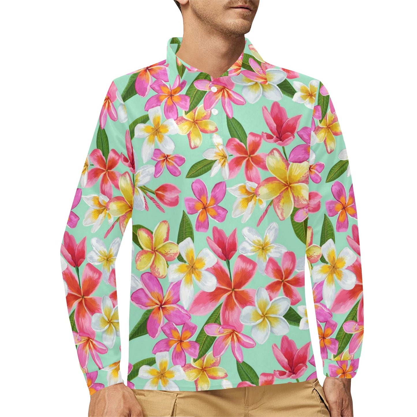 Plumeria Pattern Print Design PM014 Long Sleeve Polo Shirt For Men's