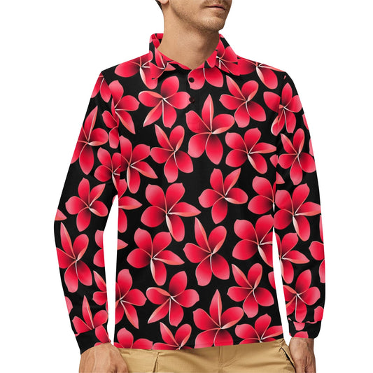 Red Plumeria Pattern Print Design PM025 Long Sleeve Polo Shirt For Men's