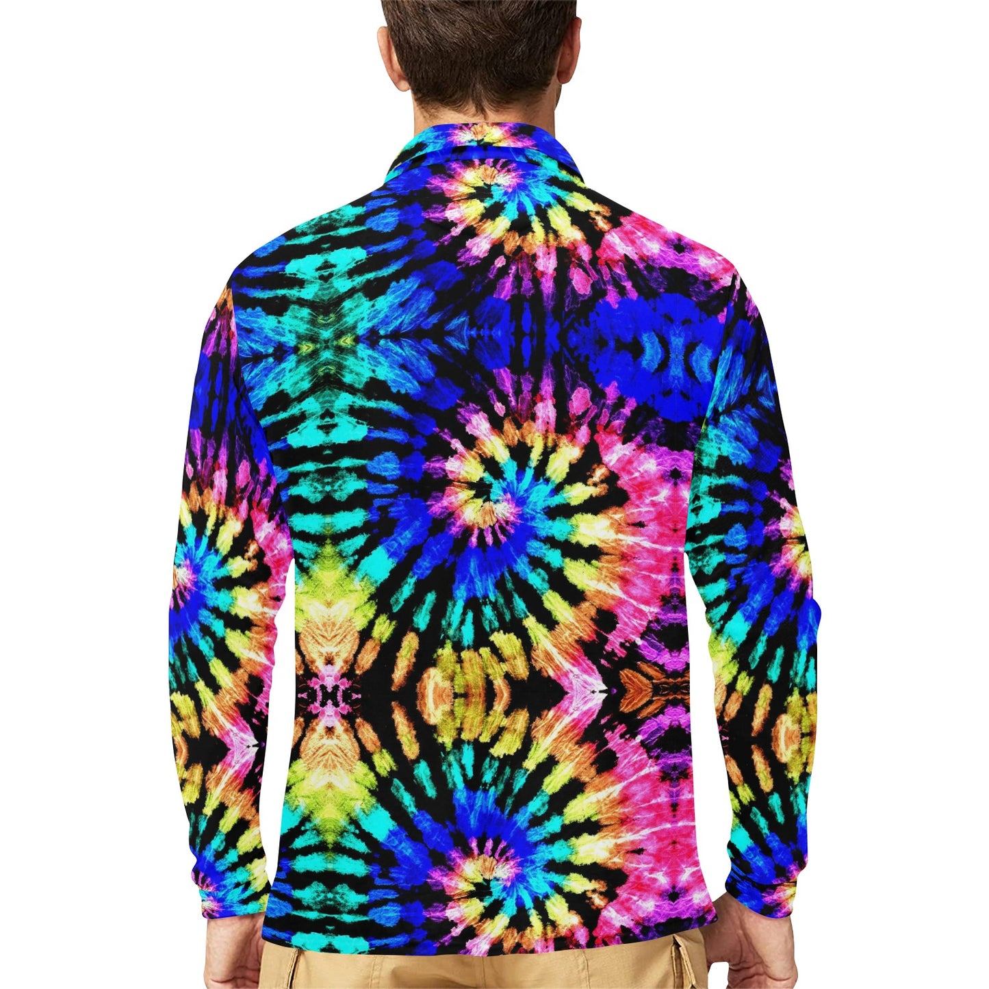 Tie Dye Rainbow Design Print Long Sleeve Polo Shirt For Men's