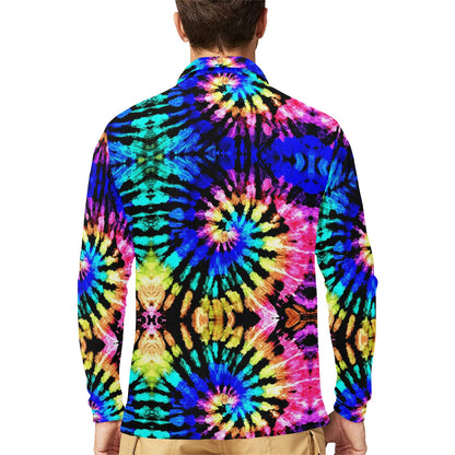 Tie Dye Rainbow Design Print Long Sleeve Polo Shirt For Men's