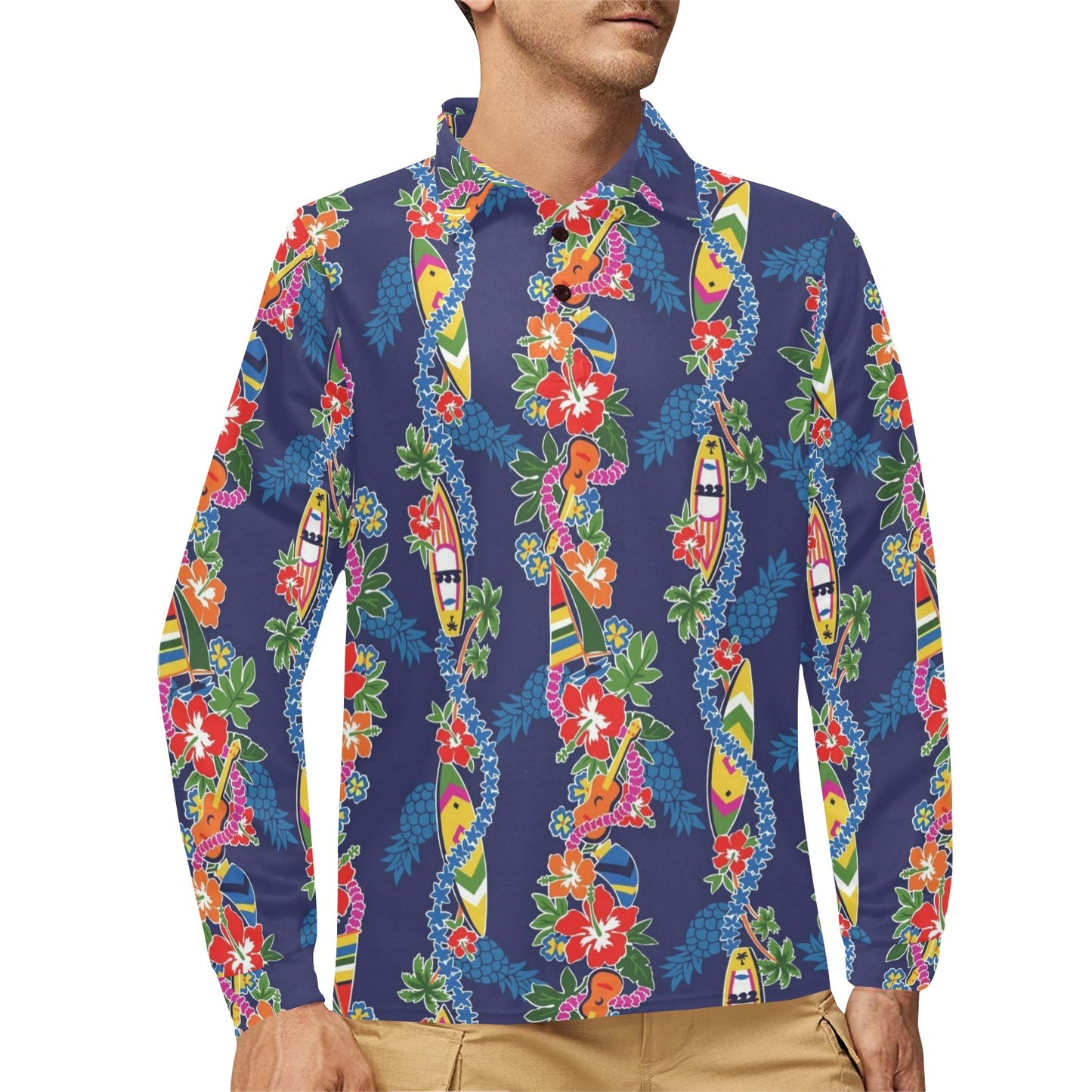 Hawaiian Themed Pattern Print Design H04 Long Sleeve Polo Shirt For Men's