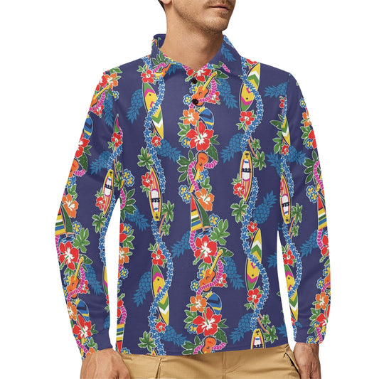 Hawaiian Themed Pattern Print Design H04 Long Sleeve Polo Shirt For Men's