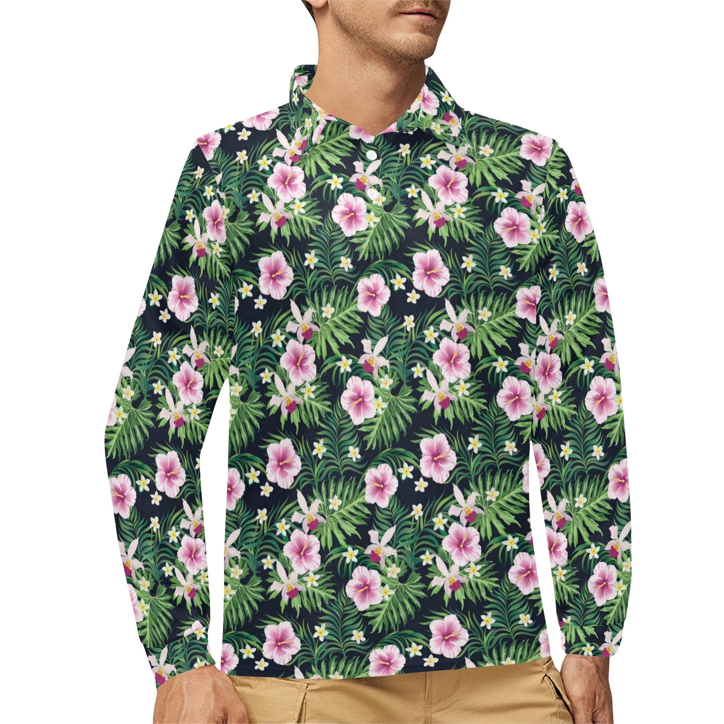 Hibiscus Tropical Print Design LKS309 Long Sleeve Polo Shirt For Men's