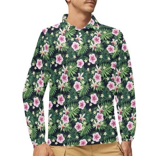 Hibiscus Tropical Print Design LKS309 Long Sleeve Polo Shirt For Men's