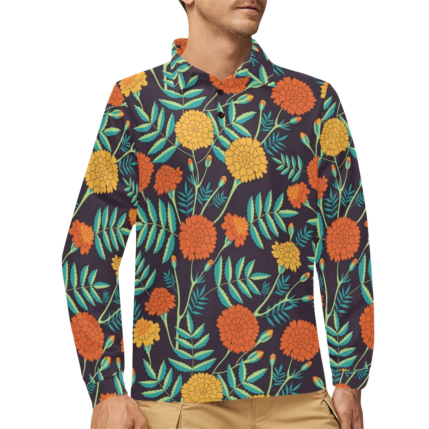 Marigold Pattern Print Design MR01 Long Sleeve Polo Shirt For Men's