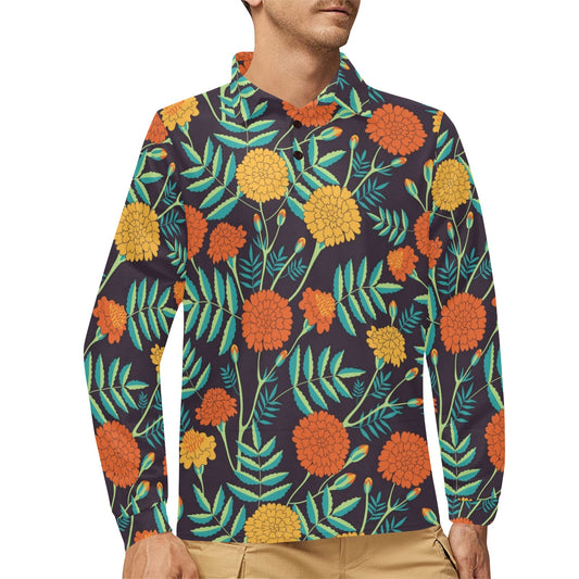Marigold Pattern Print Design MR01 Long Sleeve Polo Shirt For Men's
