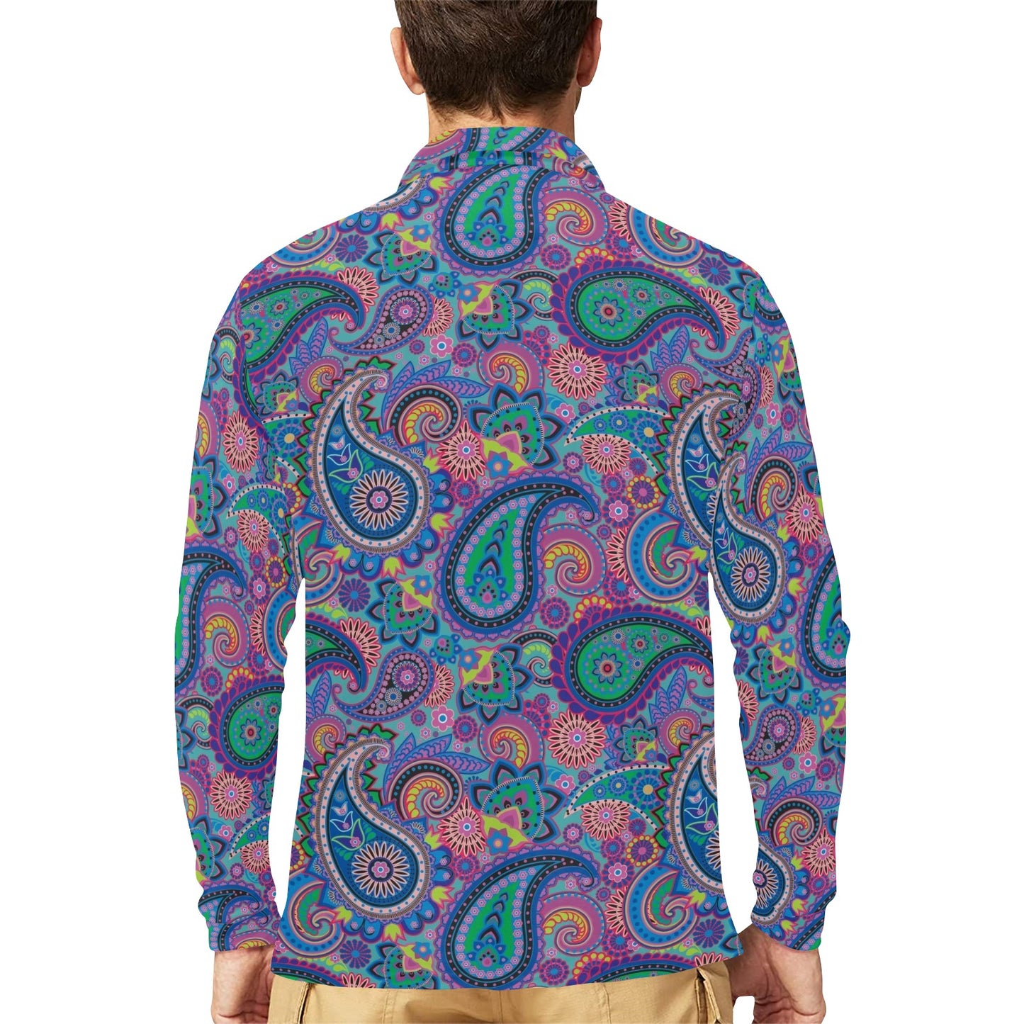 Paisley Colorful Pattern Print Design A02 Long Sleeve Polo Shirt For Men's