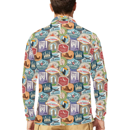 Travel Stamp Print Design LKS301 Long Sleeve Polo Shirt For Men's