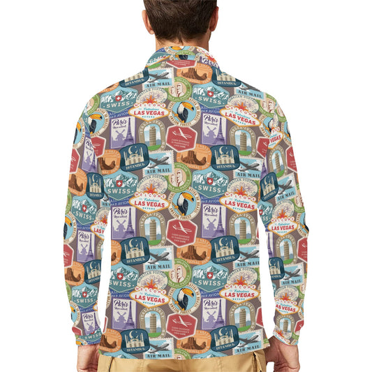 Travel Stamp Print Design LKS301 Long Sleeve Polo Shirt For Men's