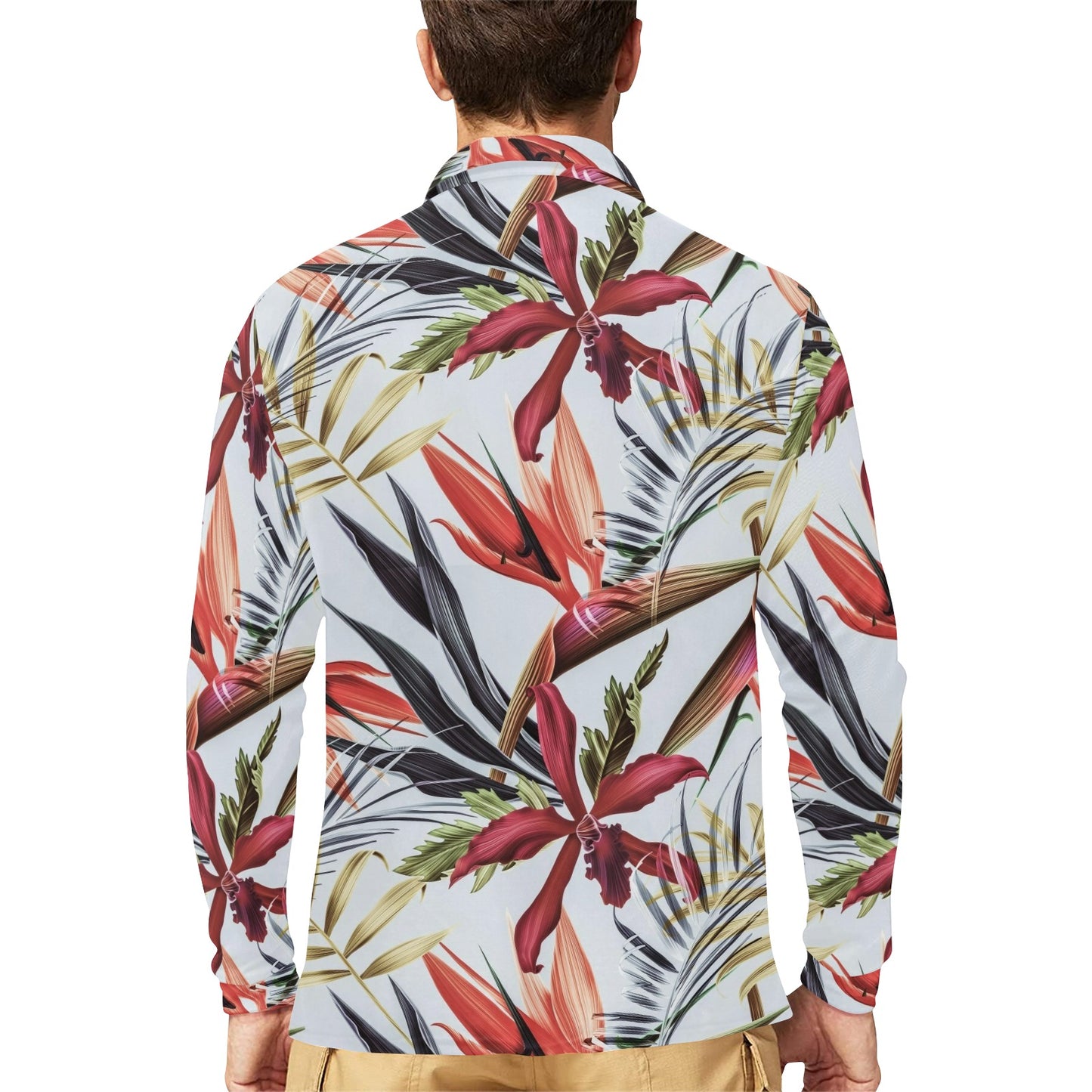 Tropical Flower Pattern Print Design TF021 Long Sleeve Polo Shirt For Men's