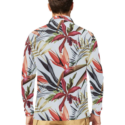 Tropical Flower Pattern Print Design TF021 Long Sleeve Polo Shirt For Men's