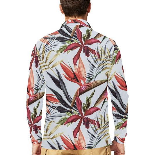 Tropical Flower Pattern Print Design TF021 Long Sleeve Polo Shirt For Men's