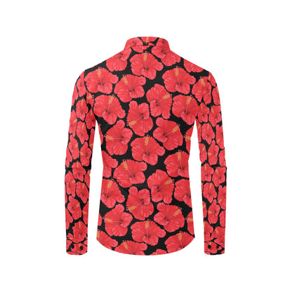 Hibiscus Red Pattern Print Design LKS306 Men's Long Sleeve Dress Shirt