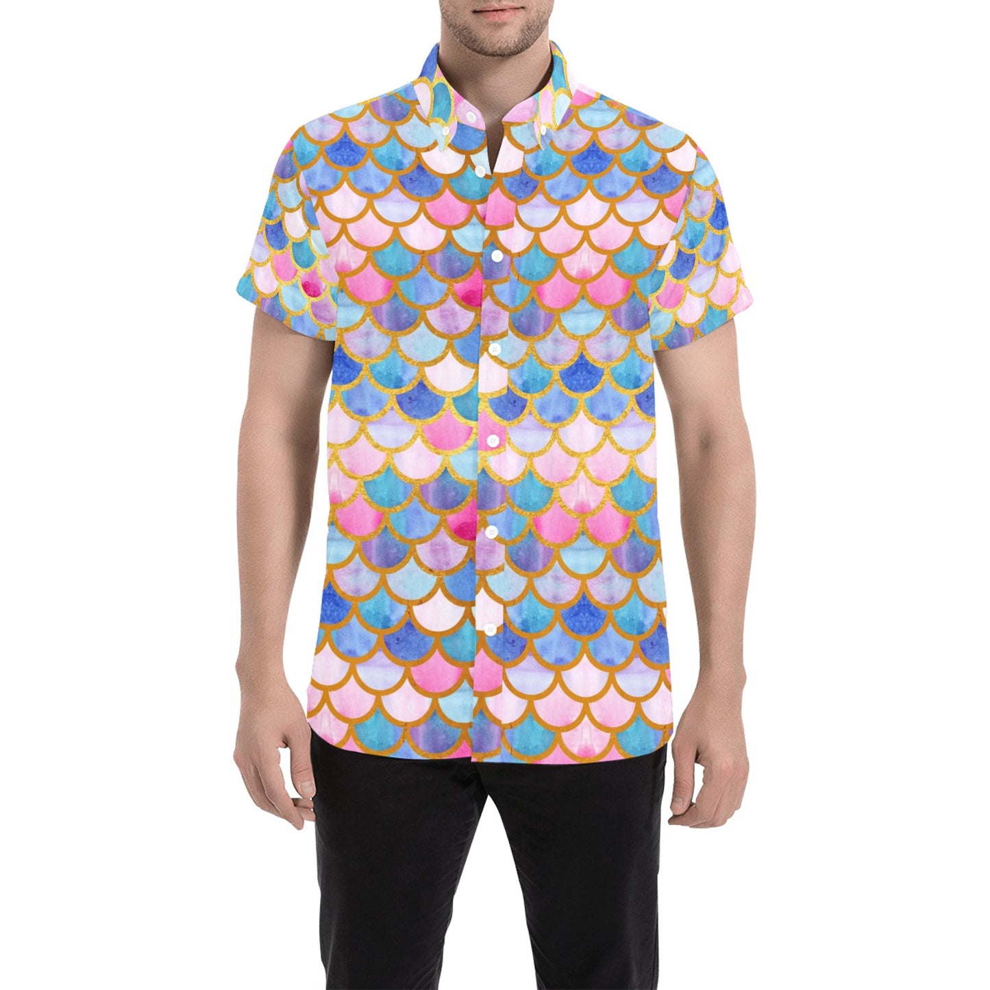 Scales Print Design LKS401 Men Short Sleeve Button Up Shirt