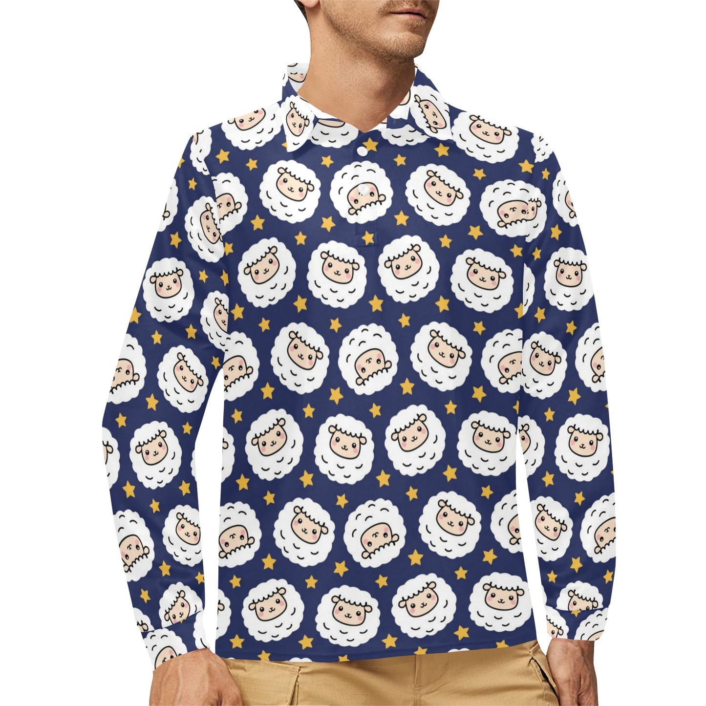 Sheep Print Design LKS402 Long Sleeve Polo Shirt For Men's