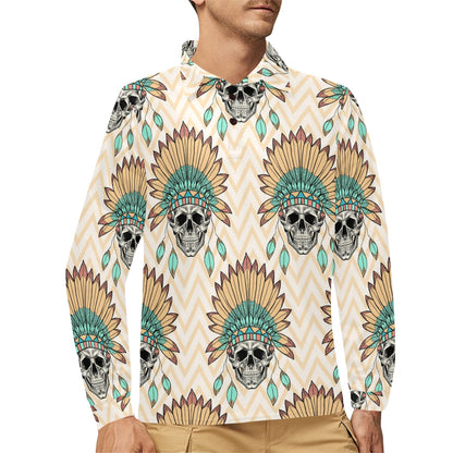 Indian Skull Pattern Long Sleeve Polo Shirt For Men's