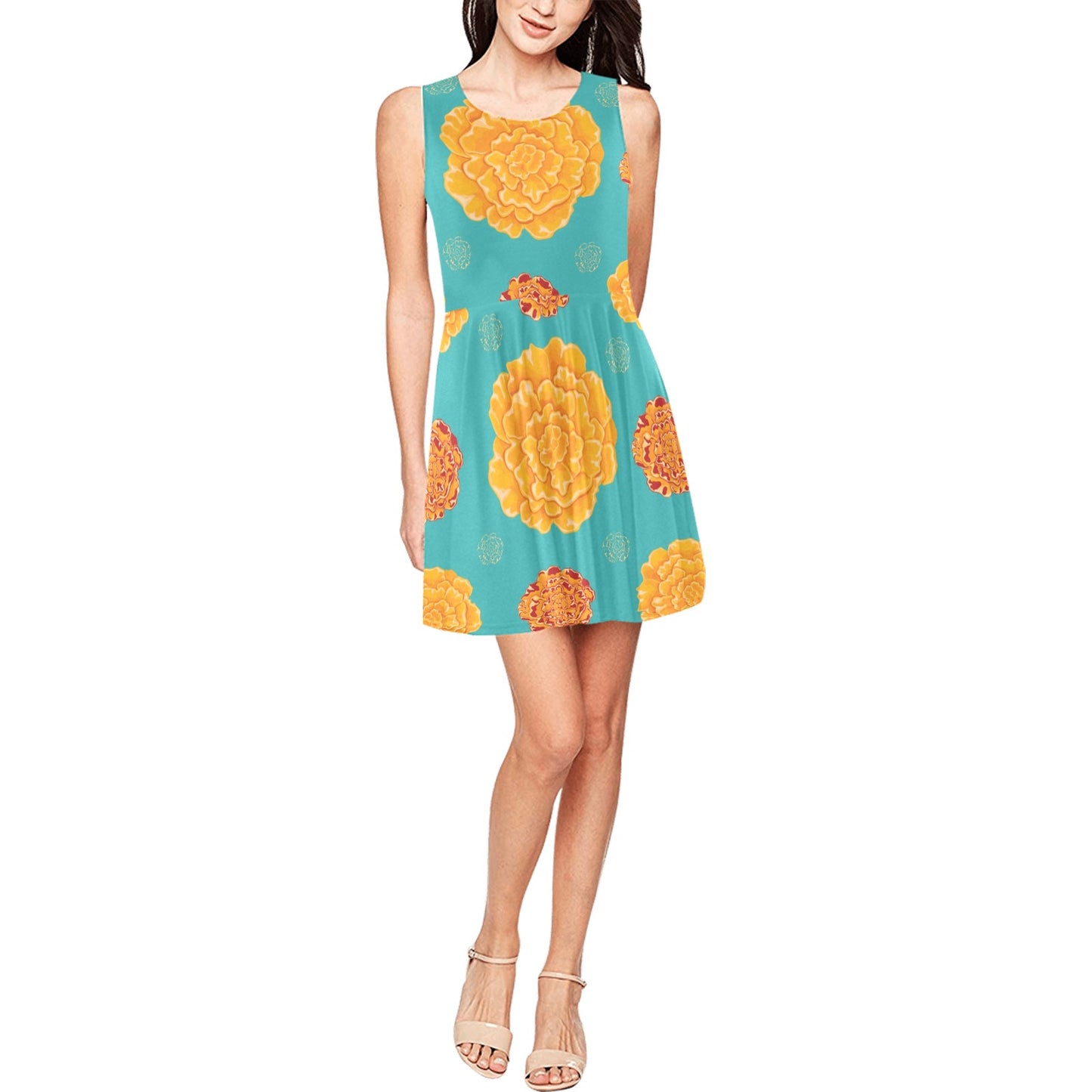 Marigold Pattern Print Design 02 Sleeveless Dress