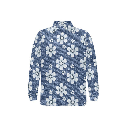 Jean Flower Pattern Print Design 03 Long Sleeve Polo Shirt For Men's